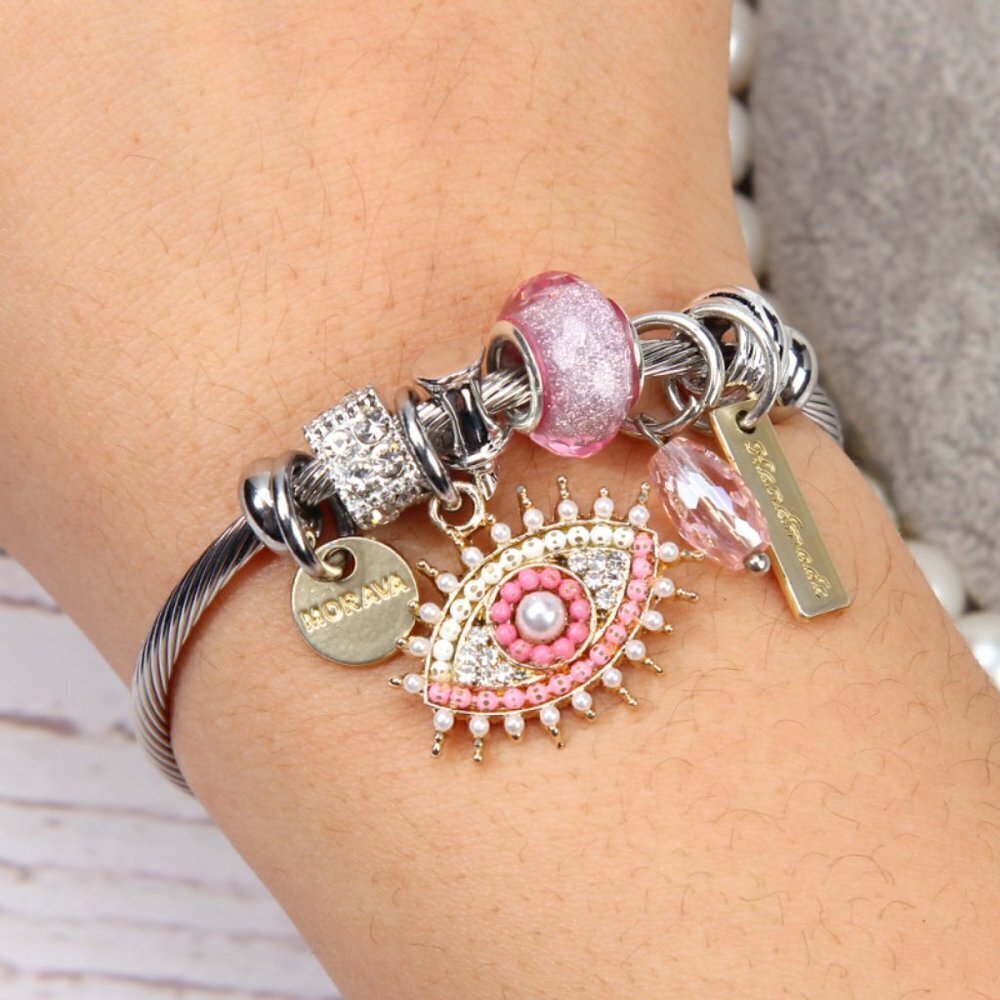 Women Exquisite Rhinestone Evil Eye Pendant Charm Bracelet - Picture 2 of 2